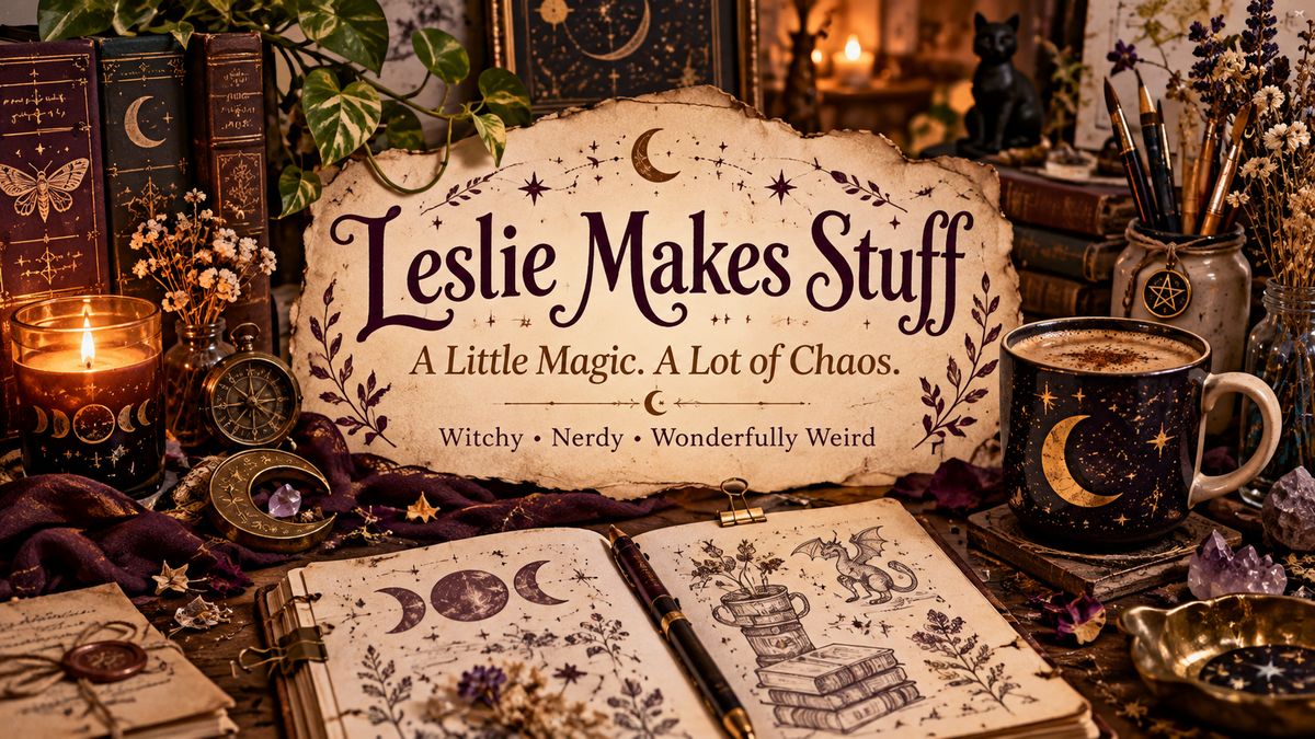 Leslie Makes Stuff welcome blog illustration, celebrating cozy witchy designs, books, nerdy creativity, and a little magic.