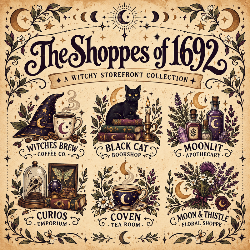 The Shoppes of 1692 witchy collection artwork featuring a black cat, magical books, coffee, potions, crystals, moonlit botanicals, and vintage parchment styling.