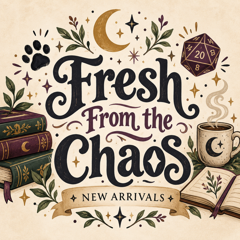 Fresh From the Chaos collection artwork featuring books, a D20 dice, coffee, botanical details, and celestial illustrations in a cozy vintage style.
