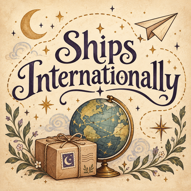Ships Internationally collection artwork featuring a vintage globe, shipping package, paper airplane, crescent moon, stars, and botanical illustrations on warm parchment.