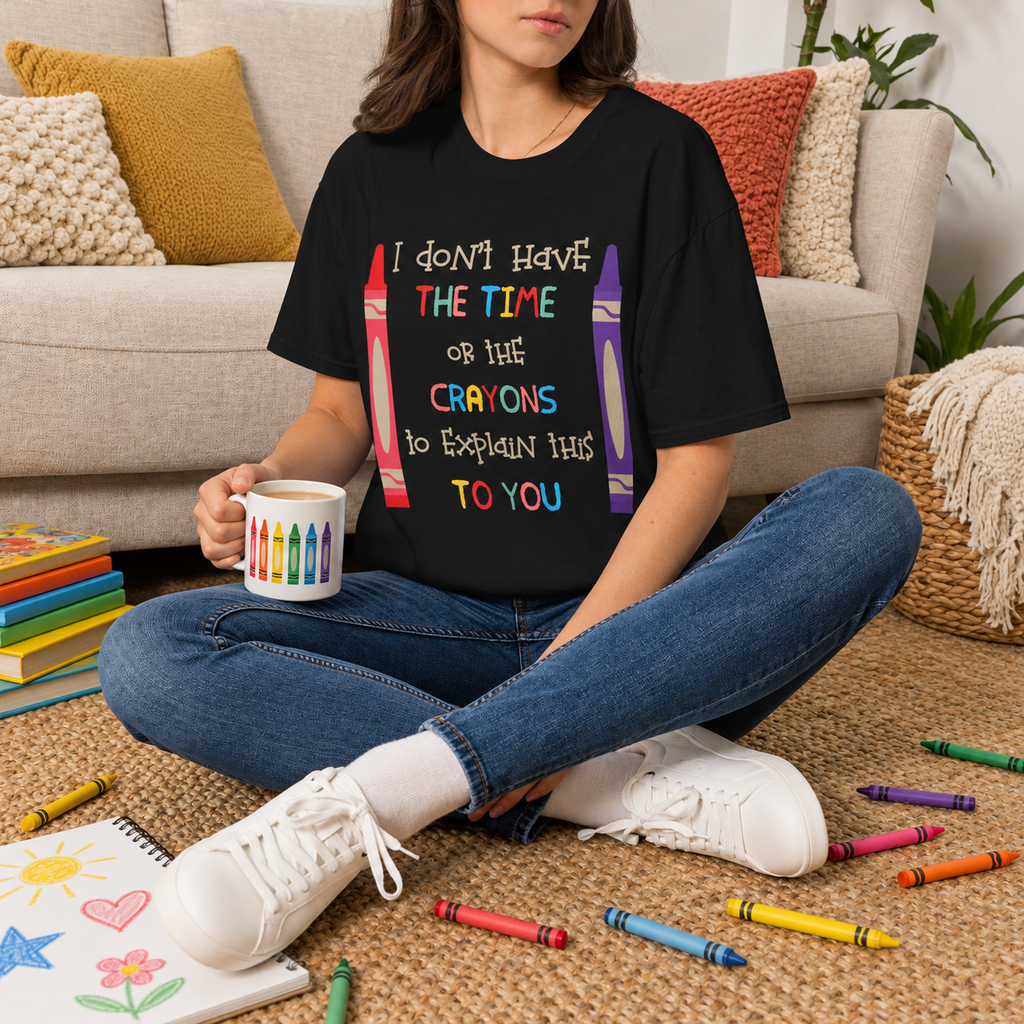 Cozy crayon-themed creative lifestyle portrait for the funny Crayons graphic T-shirt