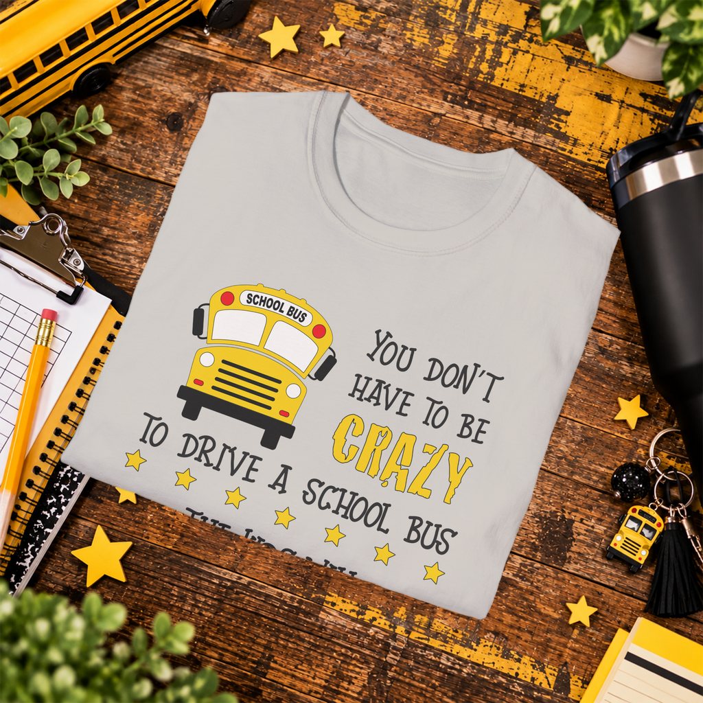 Folded Crazy School Bus graphic T-shirt in Ice Grey, styled flat-lay view