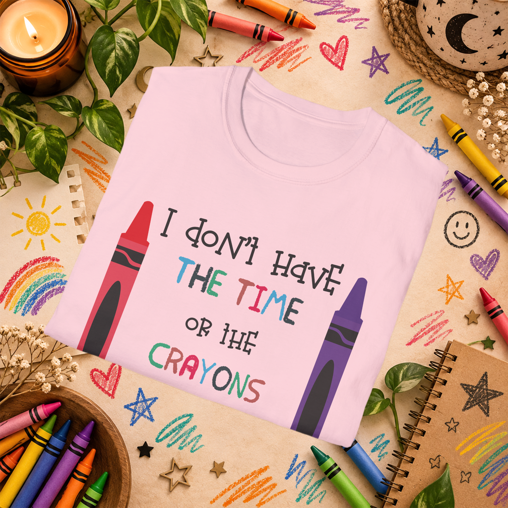 Folded I Don't Have the Time or the Crayons graphic T-shirt in Light Pink, styled flat-lay