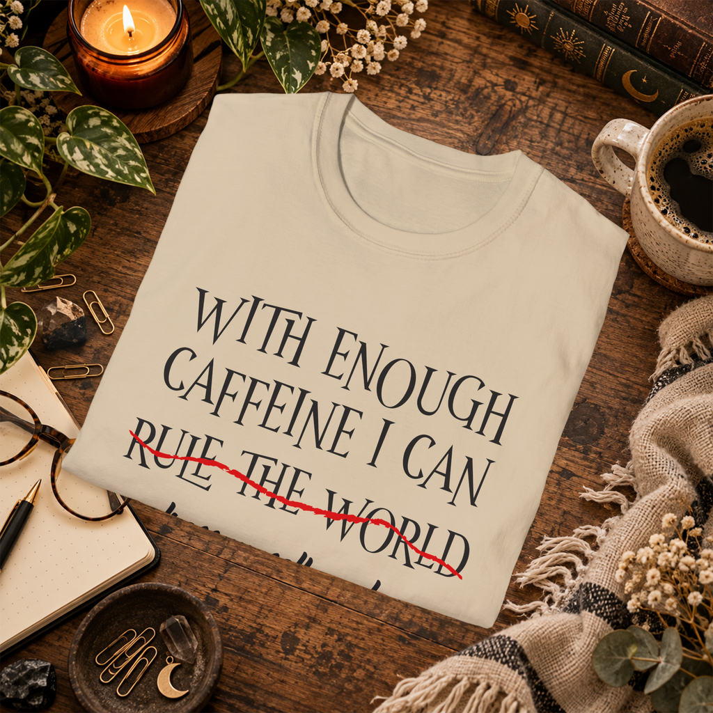 Folded With Enough Caffeine T-shirt in Sand, styled flat-lay view