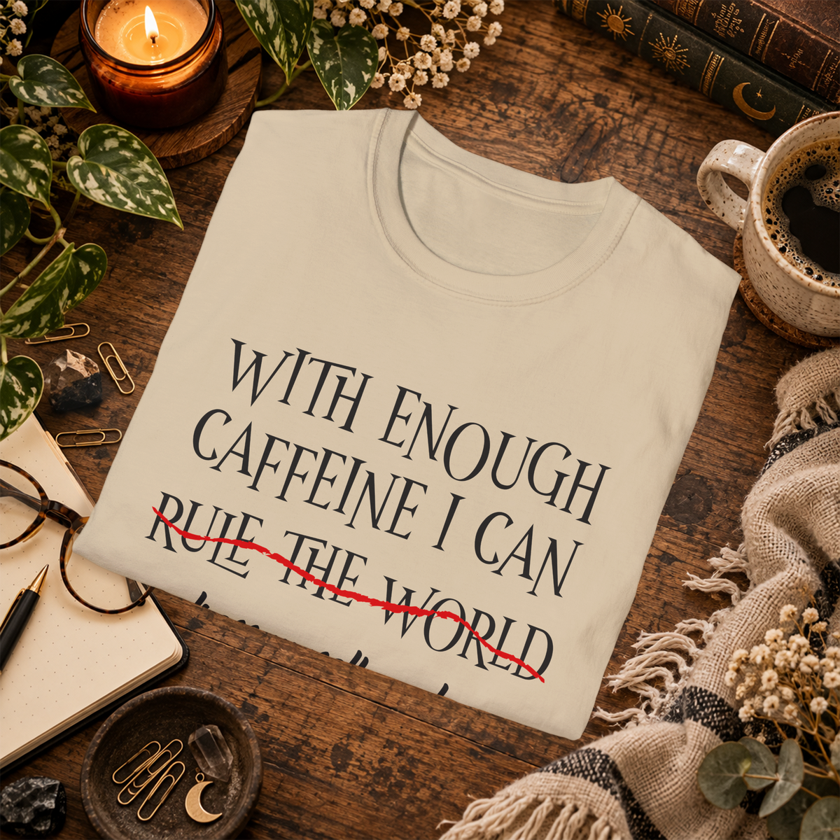 Folded With Enough Caffeine T-shirt in Sand, styled flat-lay view