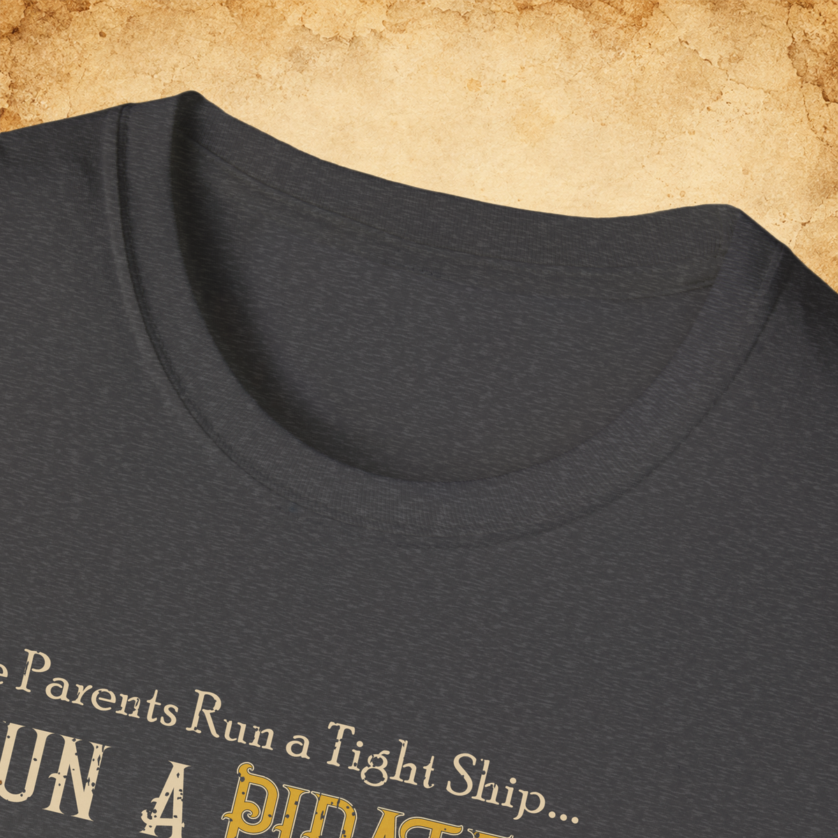 Dark Heather Pirate Ship graphic T-shirt collar and fabric detail close-up