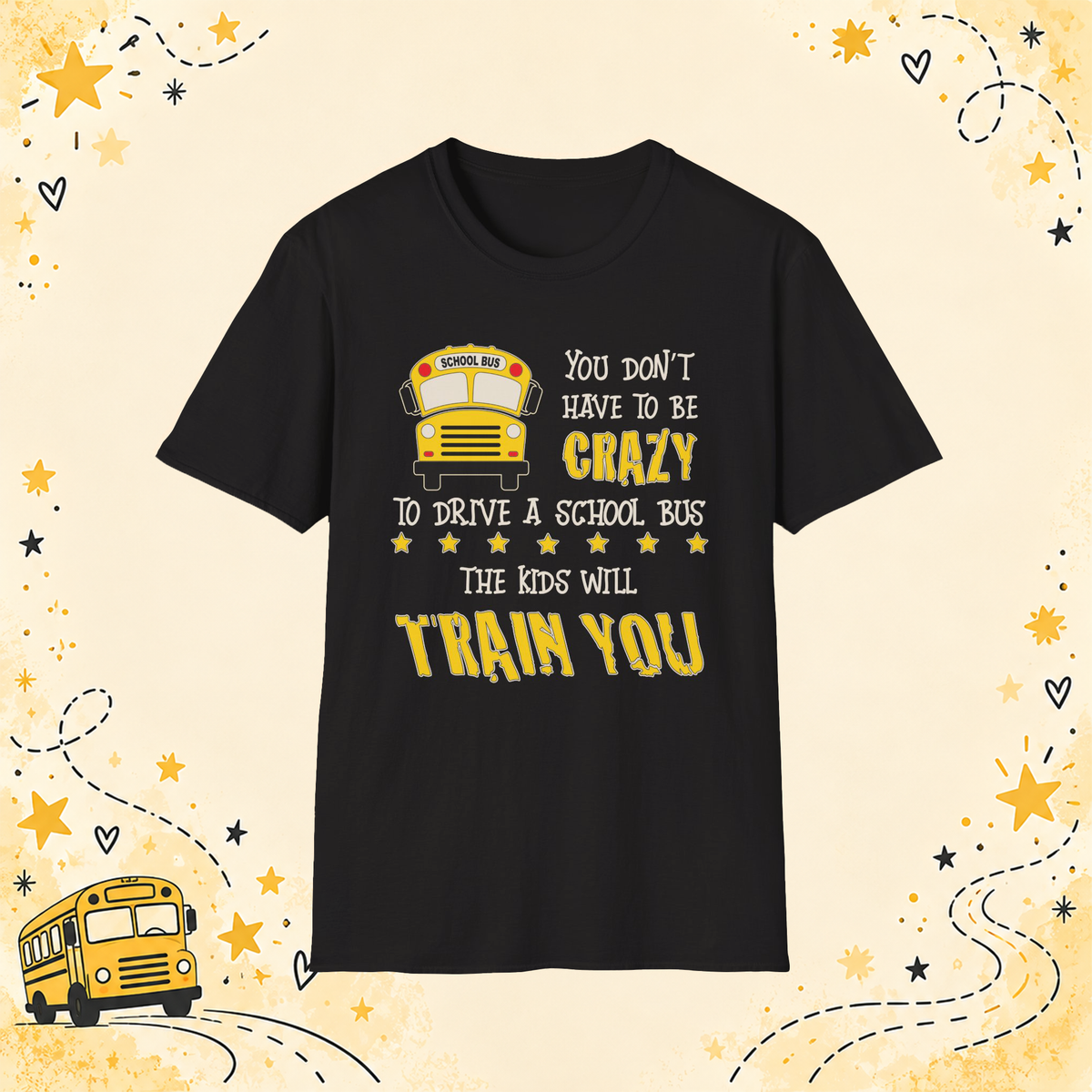 Crazy School Bus graphic T-shirt in Black, front view