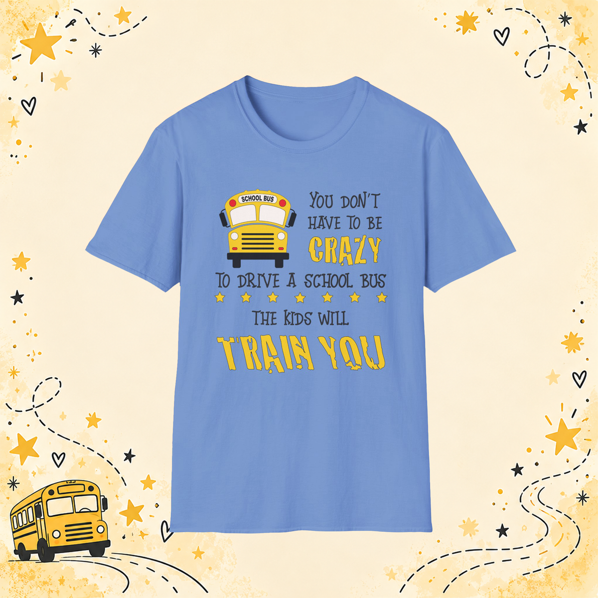 Crazy School Bus graphic T-shirt in Carolina Blue, front view