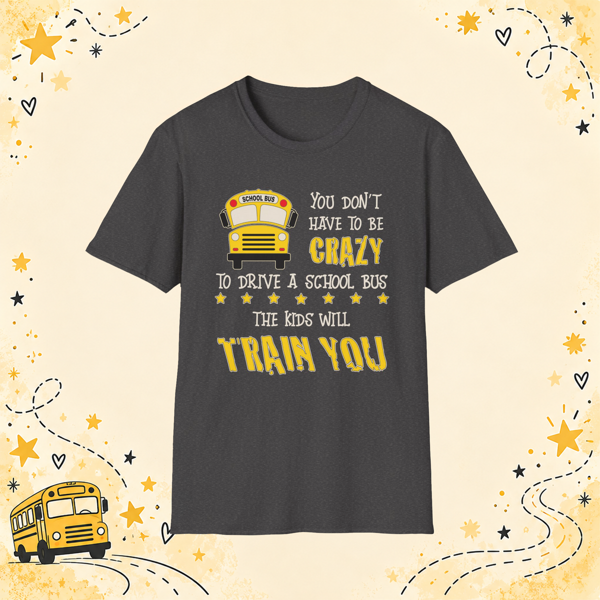 Crazy School Bus graphic T-shirt in Dark Heather, front view