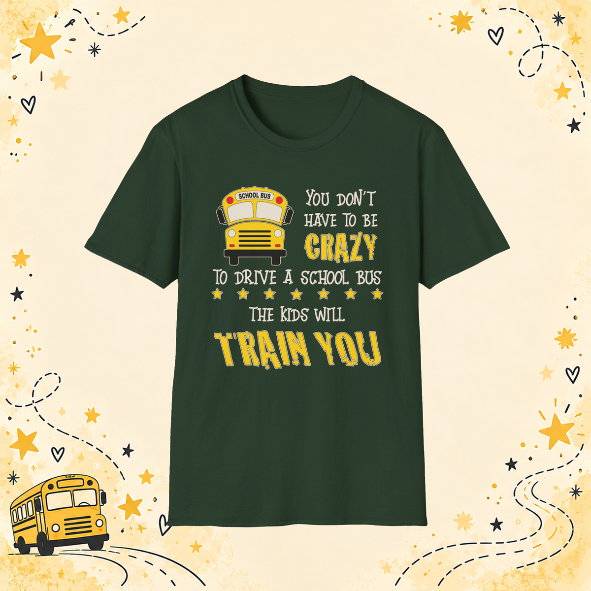 Crazy School Bus graphic T-shirt in Forest Green, front view