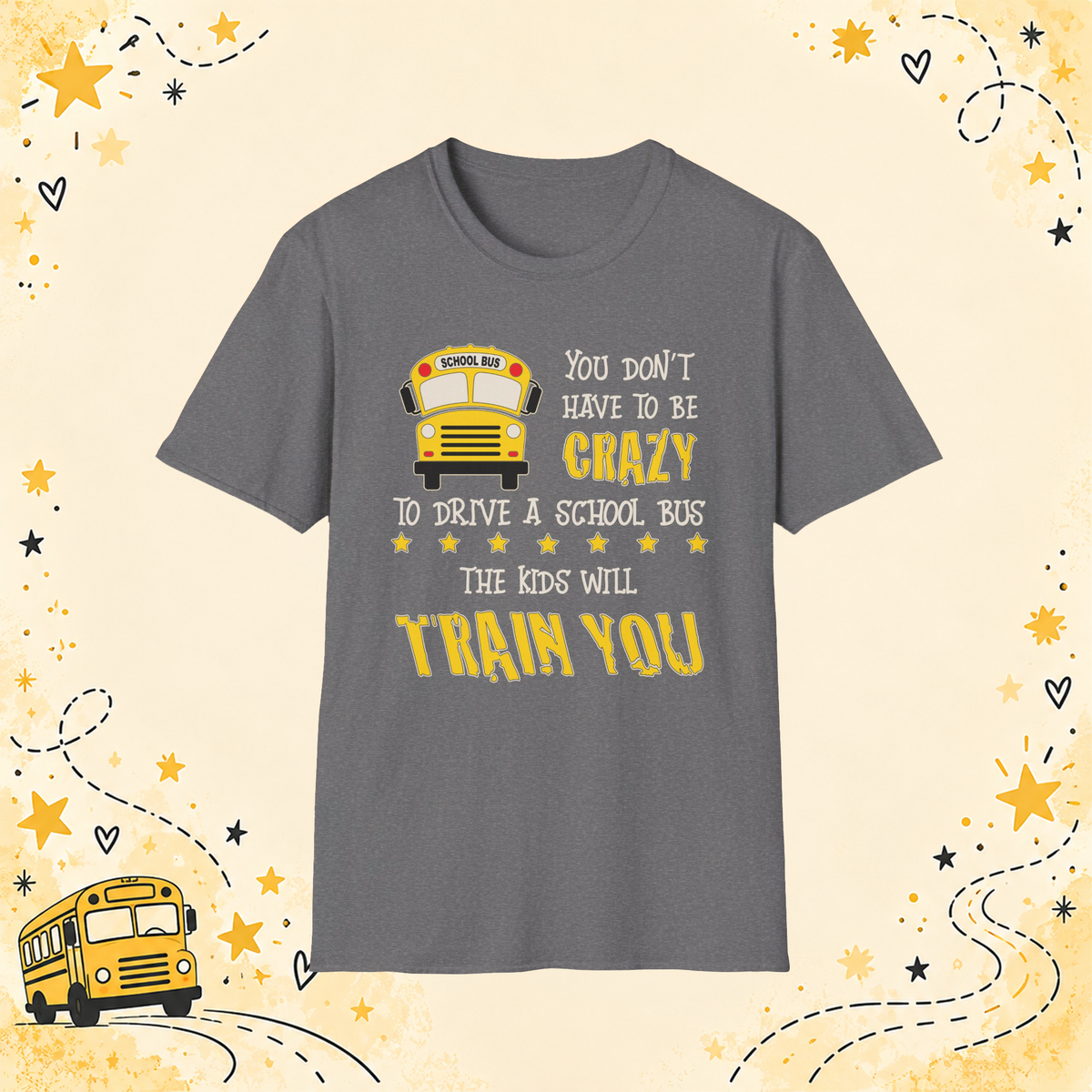 Crazy School Bus graphic T-shirt in Graphite Heather, front view