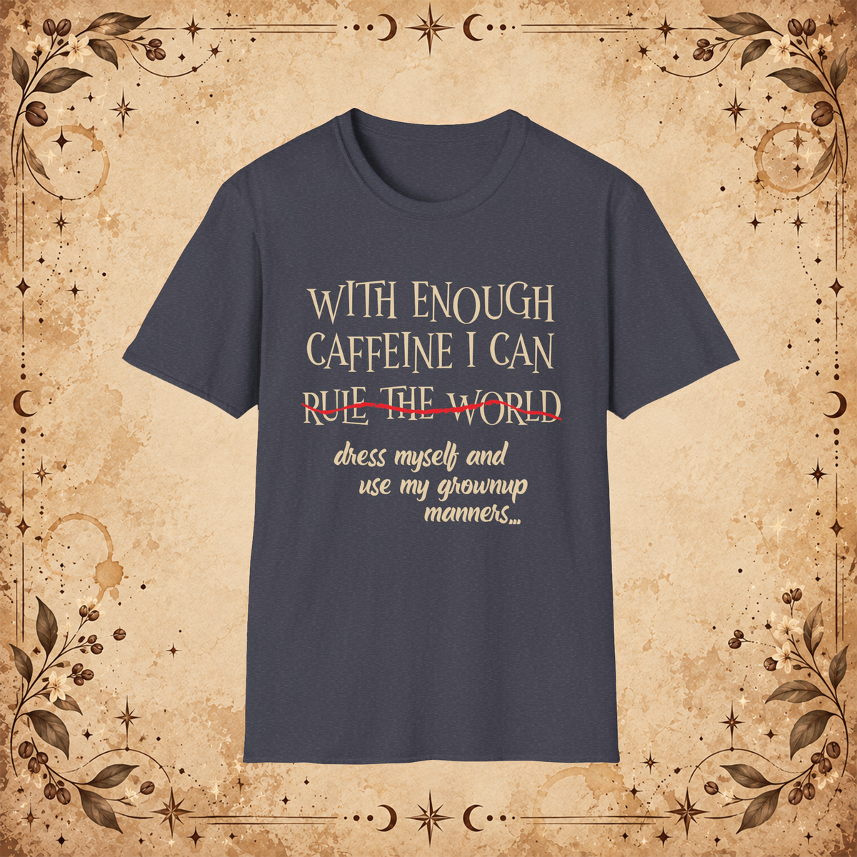 With Enough Caffeine graphic T-shirt in Heather Navy, front view
