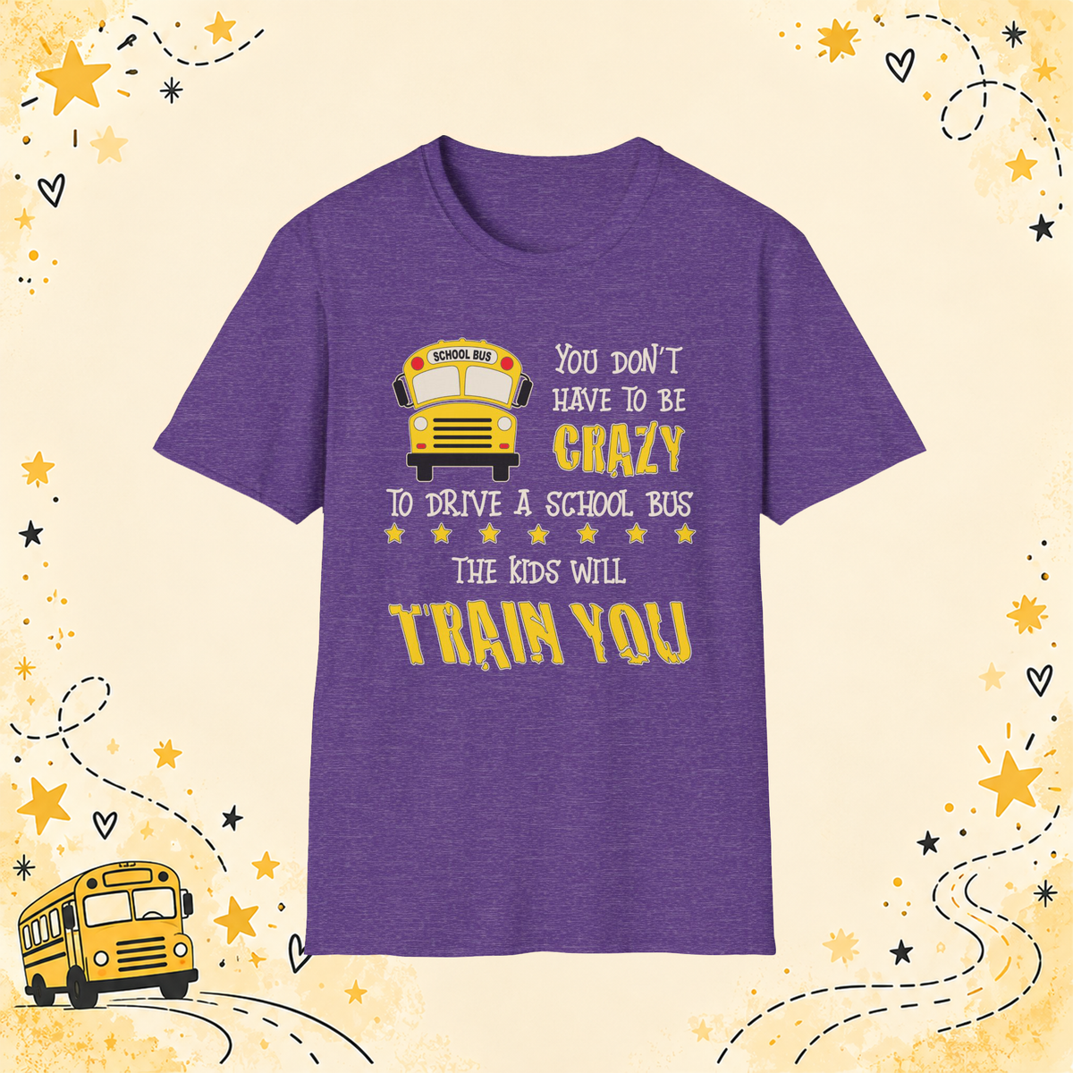 Crazy School Bus graphic T-shirt in Heather Purple, front view