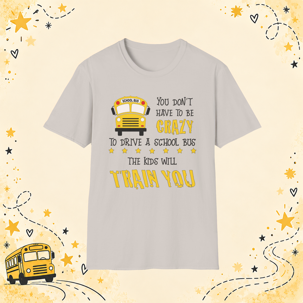 Crazy School Bus graphic T-shirt in Ice Grey, front view