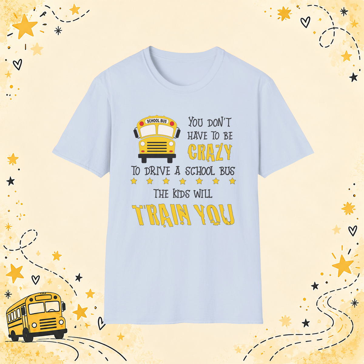Crazy School Bus graphic T-shirt in Light Blue, front view