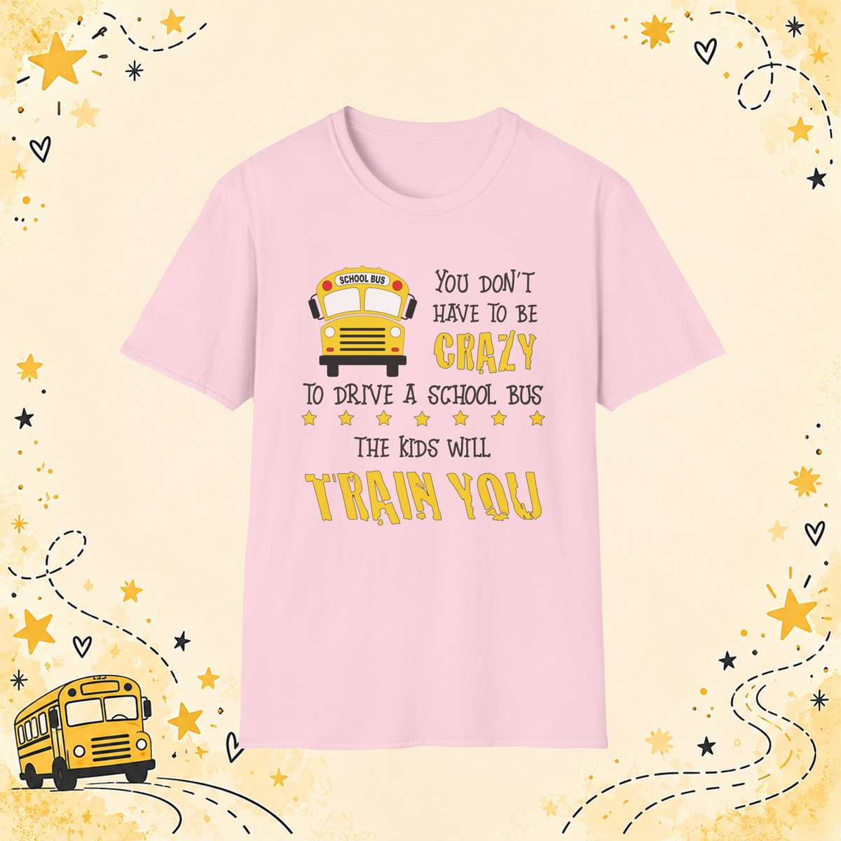 Crazy School Bus graphic T-shirt in Light Pink, front view