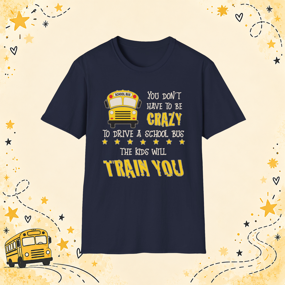 Crazy School Bus graphic T-shirt in Navy, front view