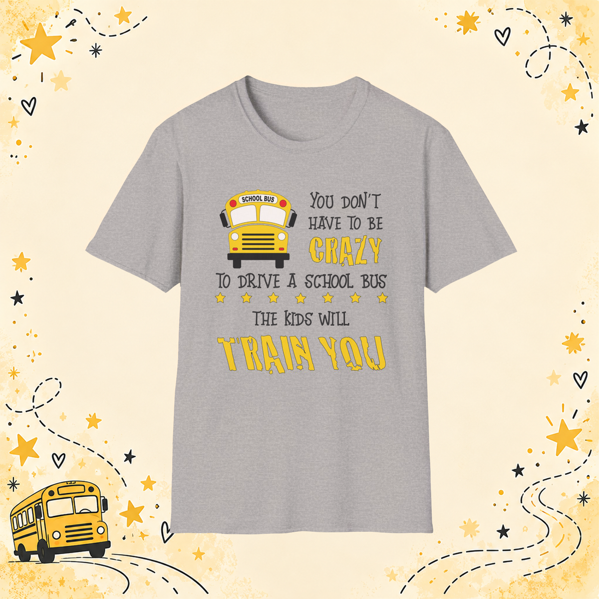 Crazy School Bus graphic T-shirt in Sport Grey, front view