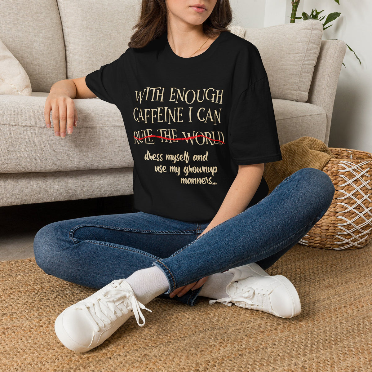 With Enough Caffeine graphic T-shirt in Black, lifestyle photograph