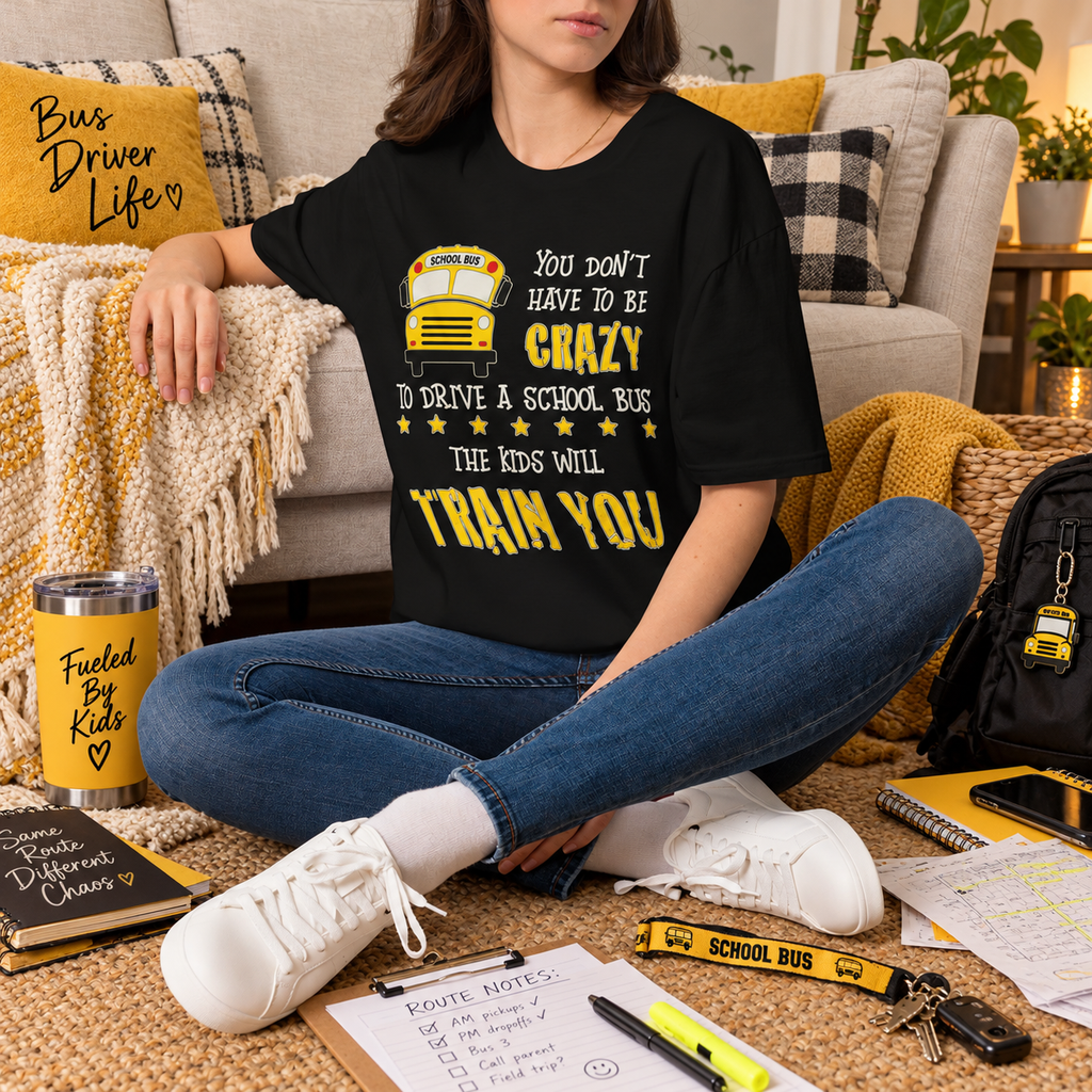 Black Crazy School Bus graphic T-shirt in styled lifestyle scene