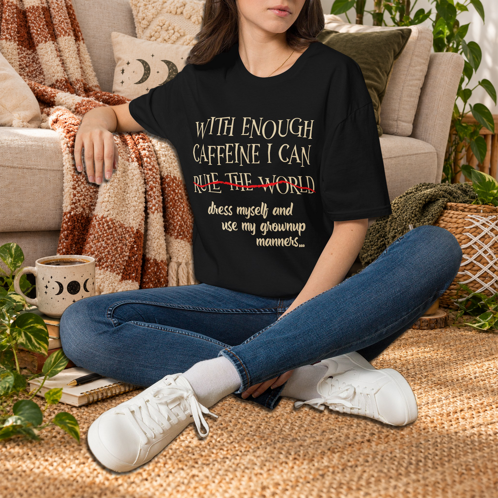 Black With Enough Caffeine graphic T-shirt in a styled lifestyle mockup