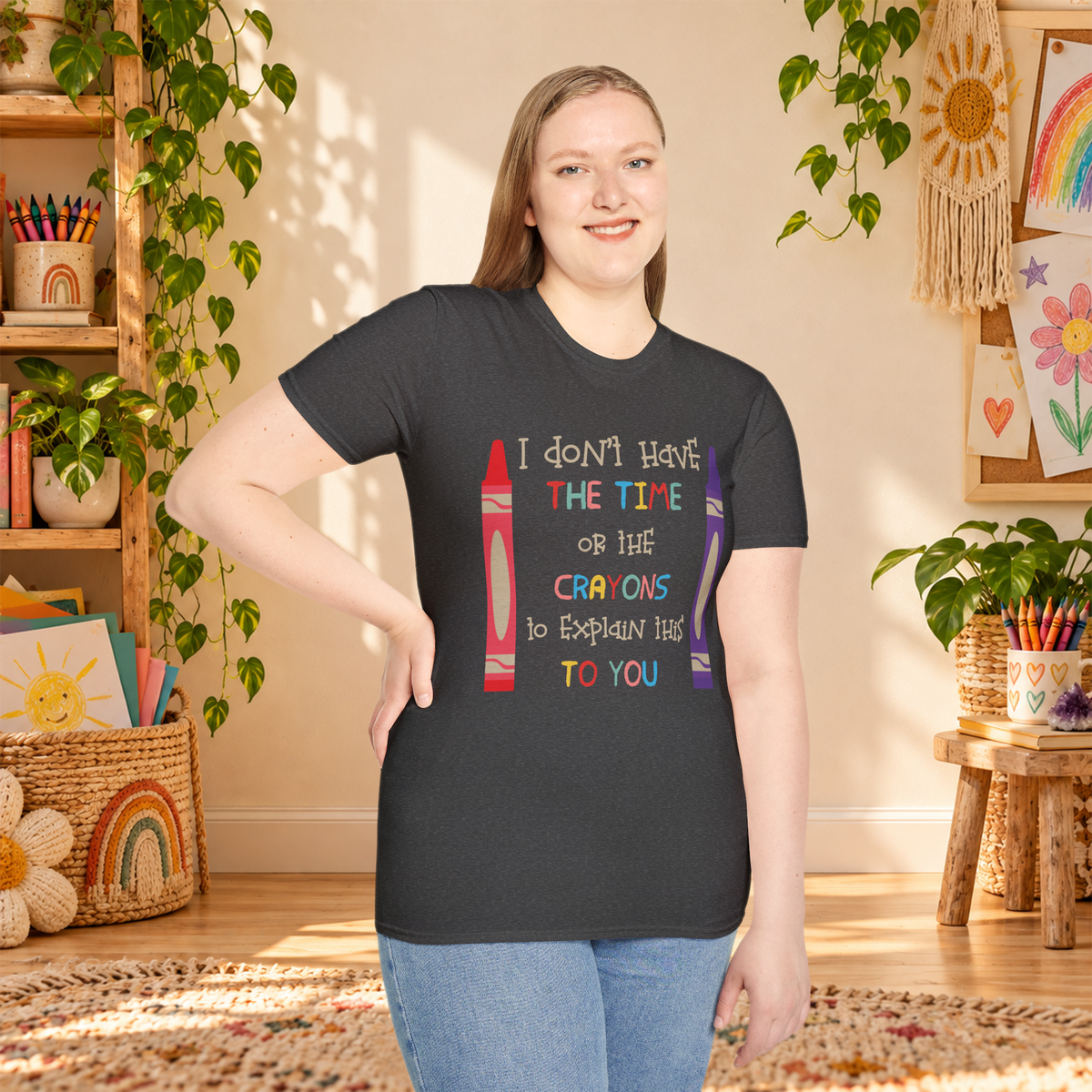 Model wearing the Crayons graphic T-shirt in Dark Heather, front view