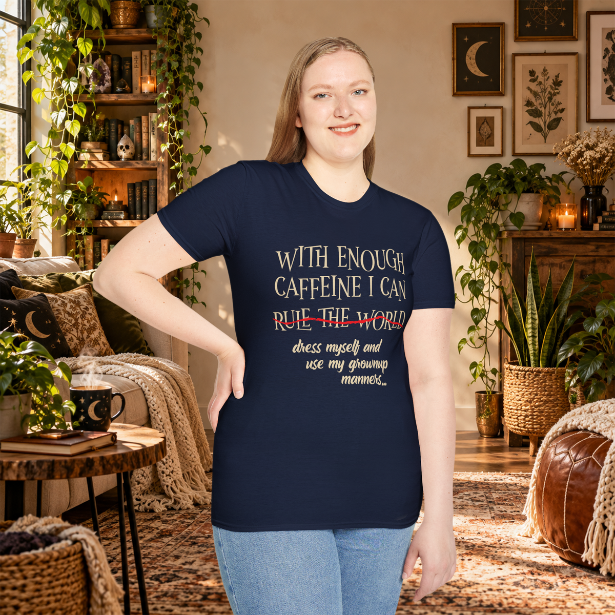 Model wearing the With Enough Caffeine T-shirt in Navy, front view