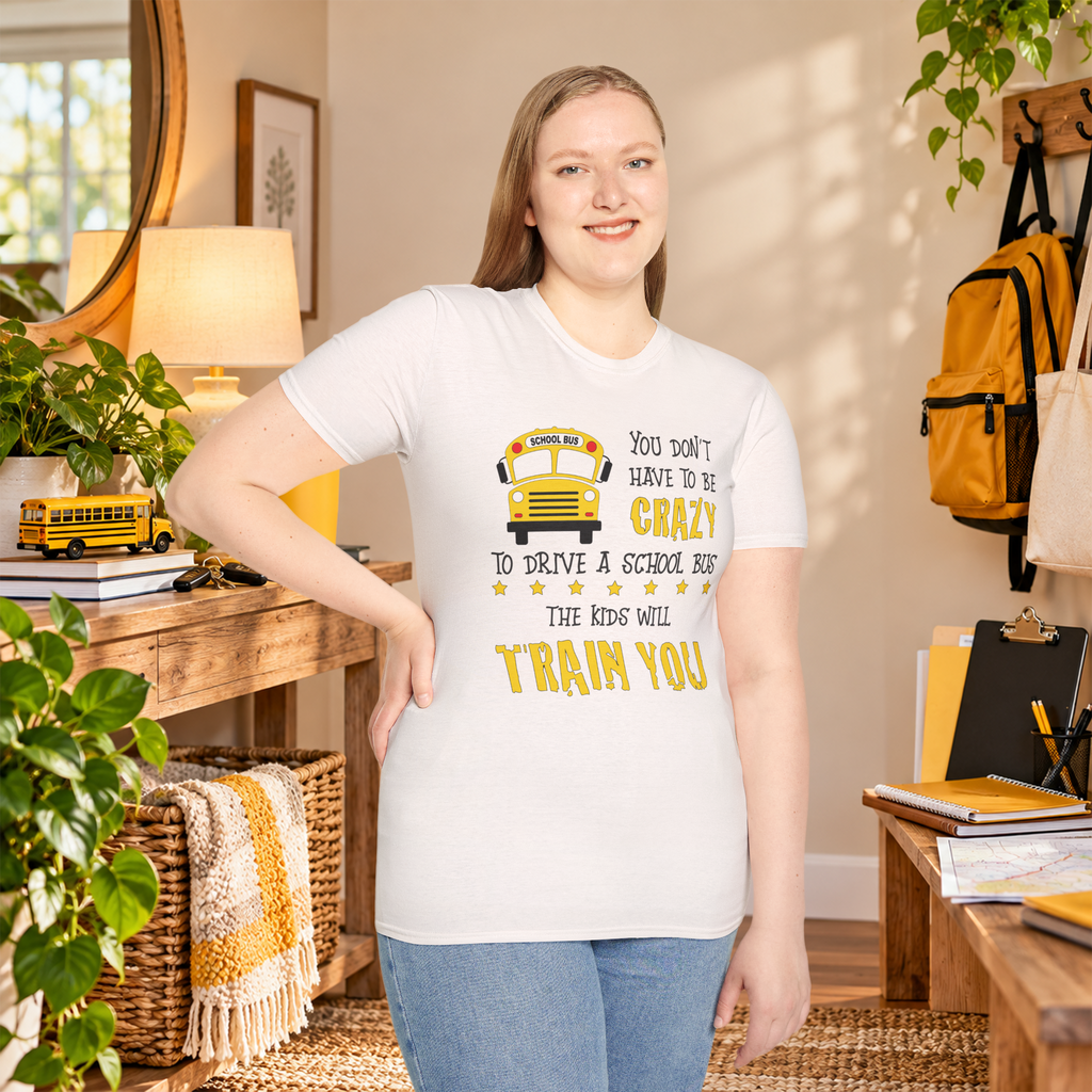 Model wearing the White Crazy School Bus T-shirt, front view