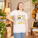 Model wearing the White Crazy School Bus T-shirt, front view