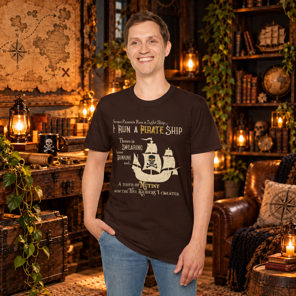 Model wearing the Dark Chocolate Pirate Ship graphic T-shirt, front view