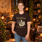 Model wearing the Dark Chocolate Pirate Ship graphic T-shirt, front view
