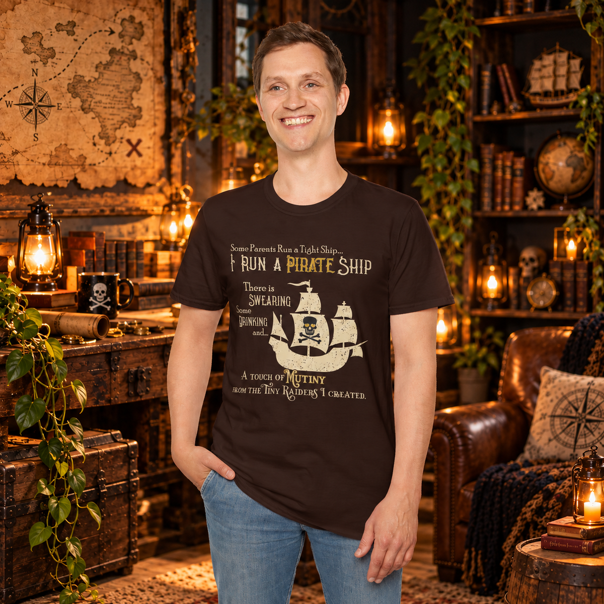 Model wearing the Dark Chocolate Pirate Ship graphic T-shirt, front view