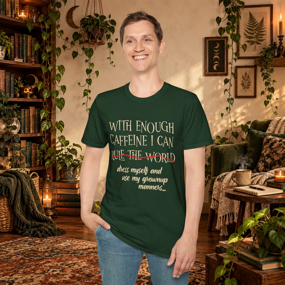 Model wearing the With Enough Caffeine T-shirt in Forest Green, front view