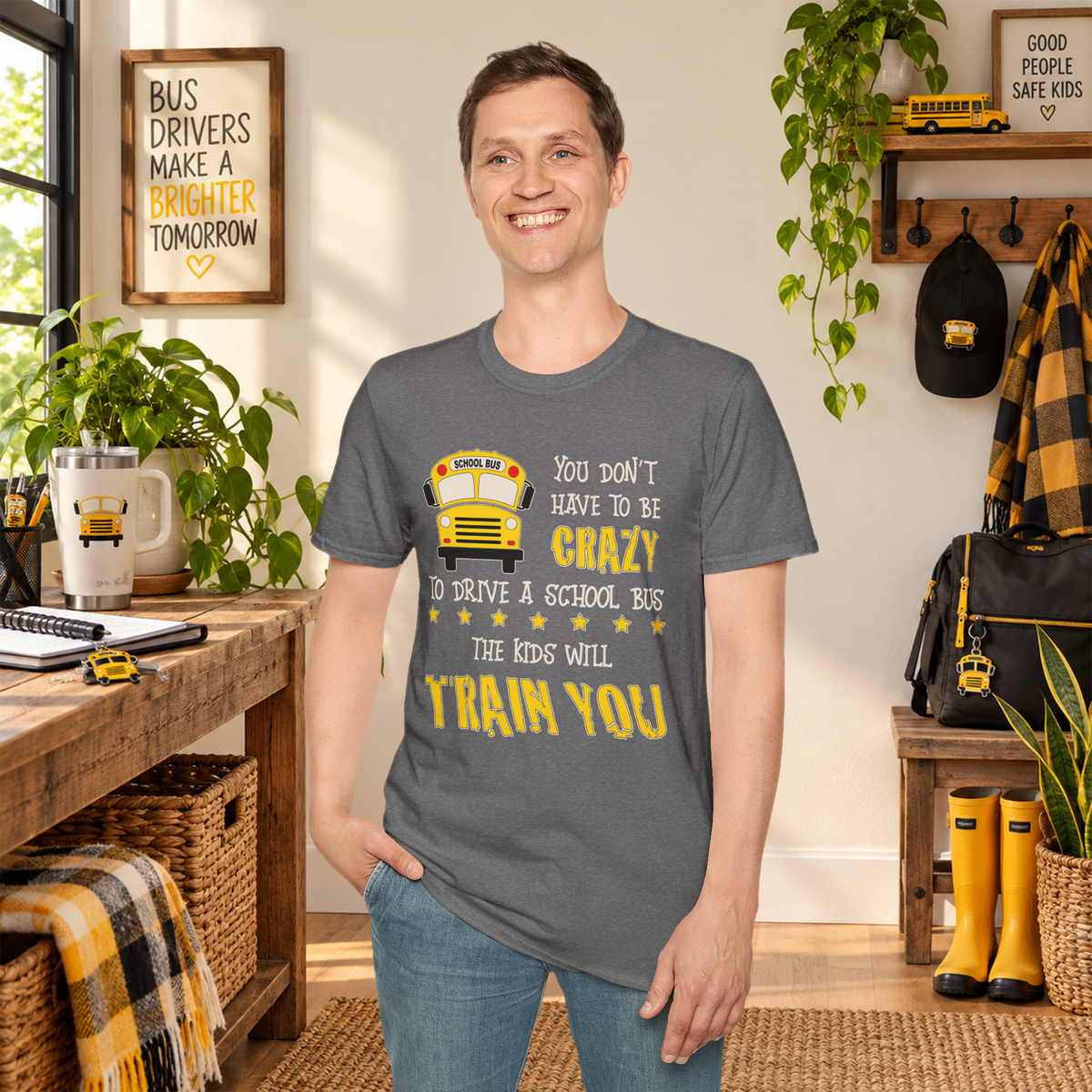 Model wearing the Graphite Heather Crazy School Bus T-shirt, front view