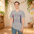 Model wearing the Crayons graphic T-shirt in Sport Grey, front view