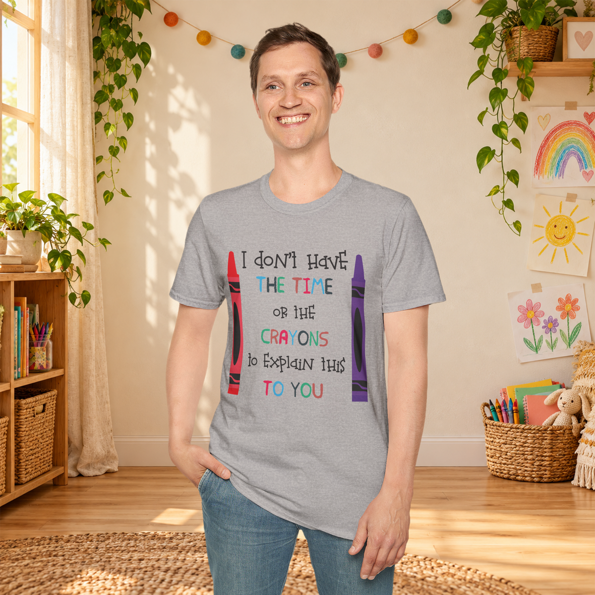 Model wearing the Crayons graphic T-shirt in Sport Grey, front view