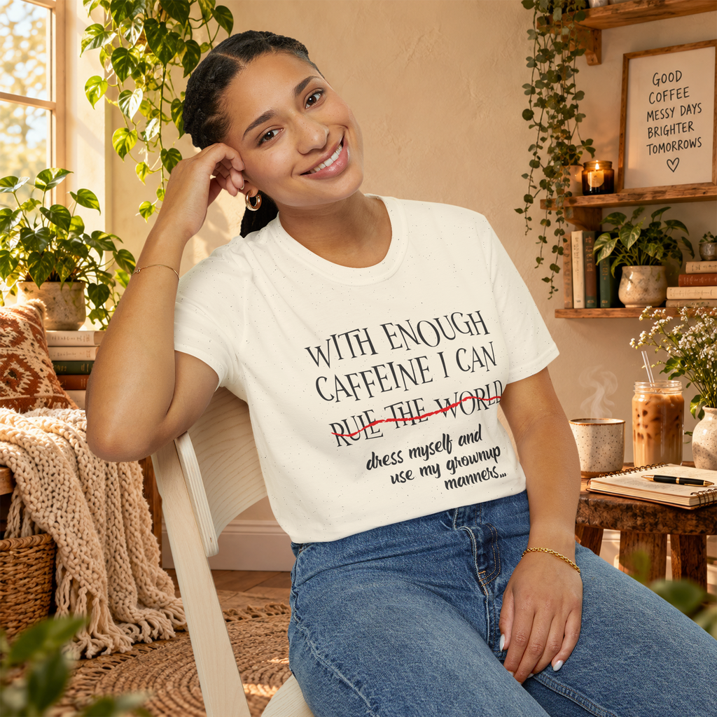 Model wearing the Natural With Enough Caffeine T-shirt in a lifestyle setting
