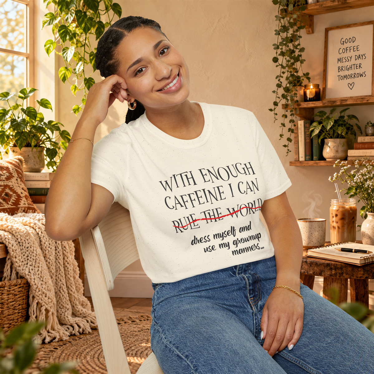 Model wearing the Natural With Enough Caffeine T-shirt in a lifestyle setting