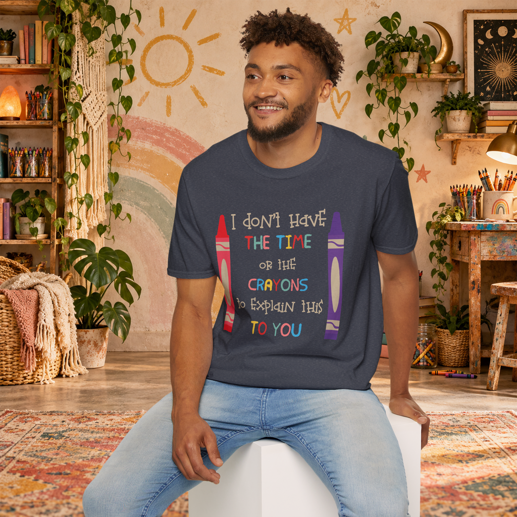 Model wearing the Heather Navy Crayons graphic T-shirt in a lifestyle scene
