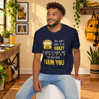Model wearing the Navy Crazy School Bus T-shirt in a lifestyle setting