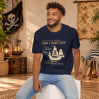 Model wearing the Navy Pirate Ship graphic T-shirt in a lifestyle setting