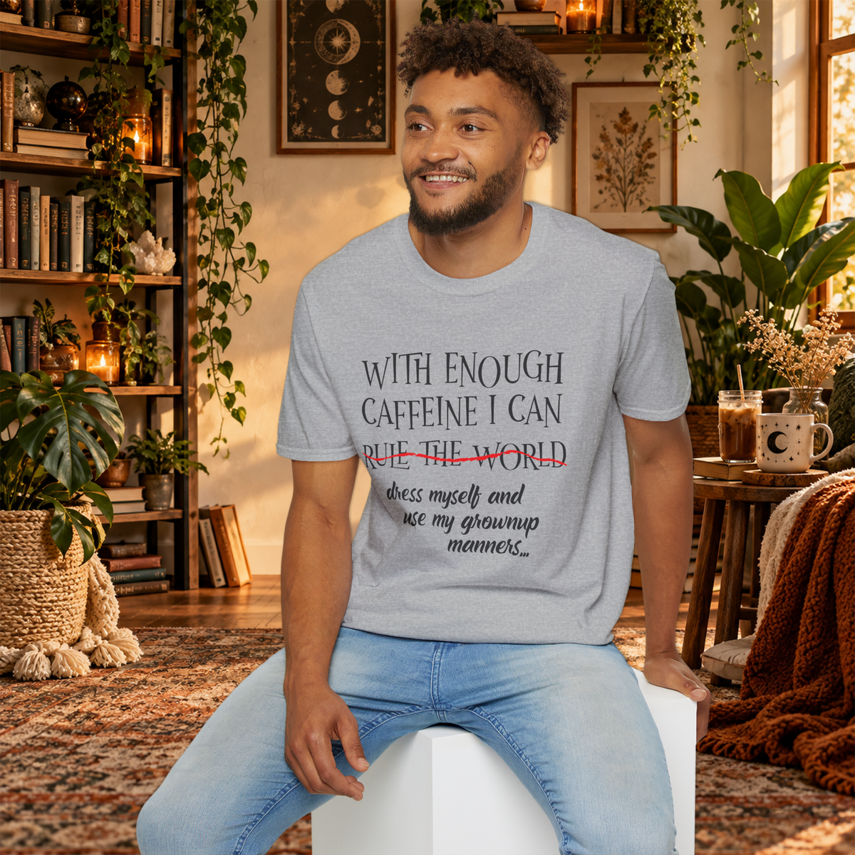 Model wearing the Sport Grey With Enough Caffeine T-shirt in a lifestyle setting