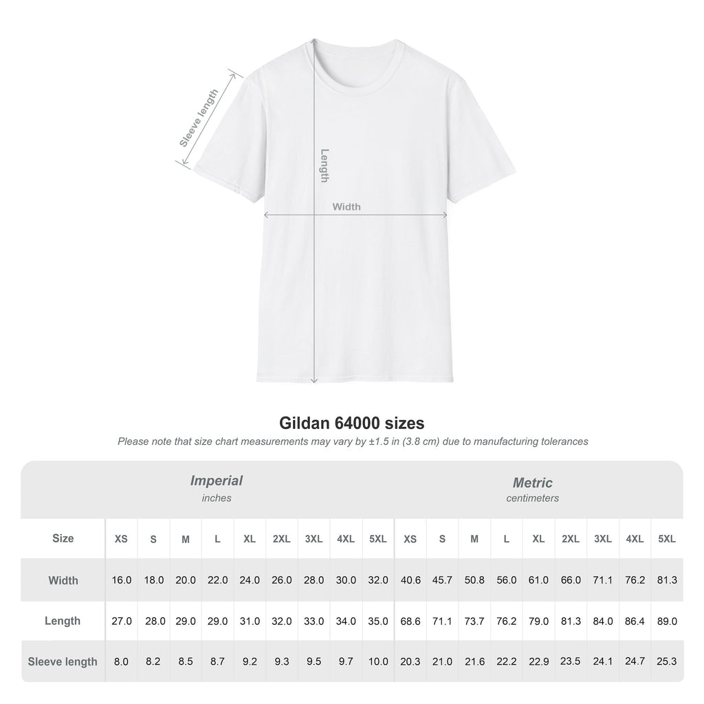 Gildan Softstyle 64000 unisex tee size chart