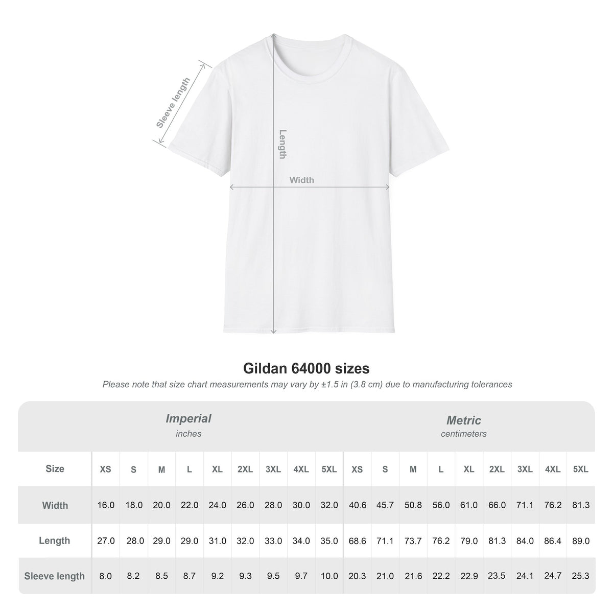 Gildan Softstyle 64000 unisex tee size chart