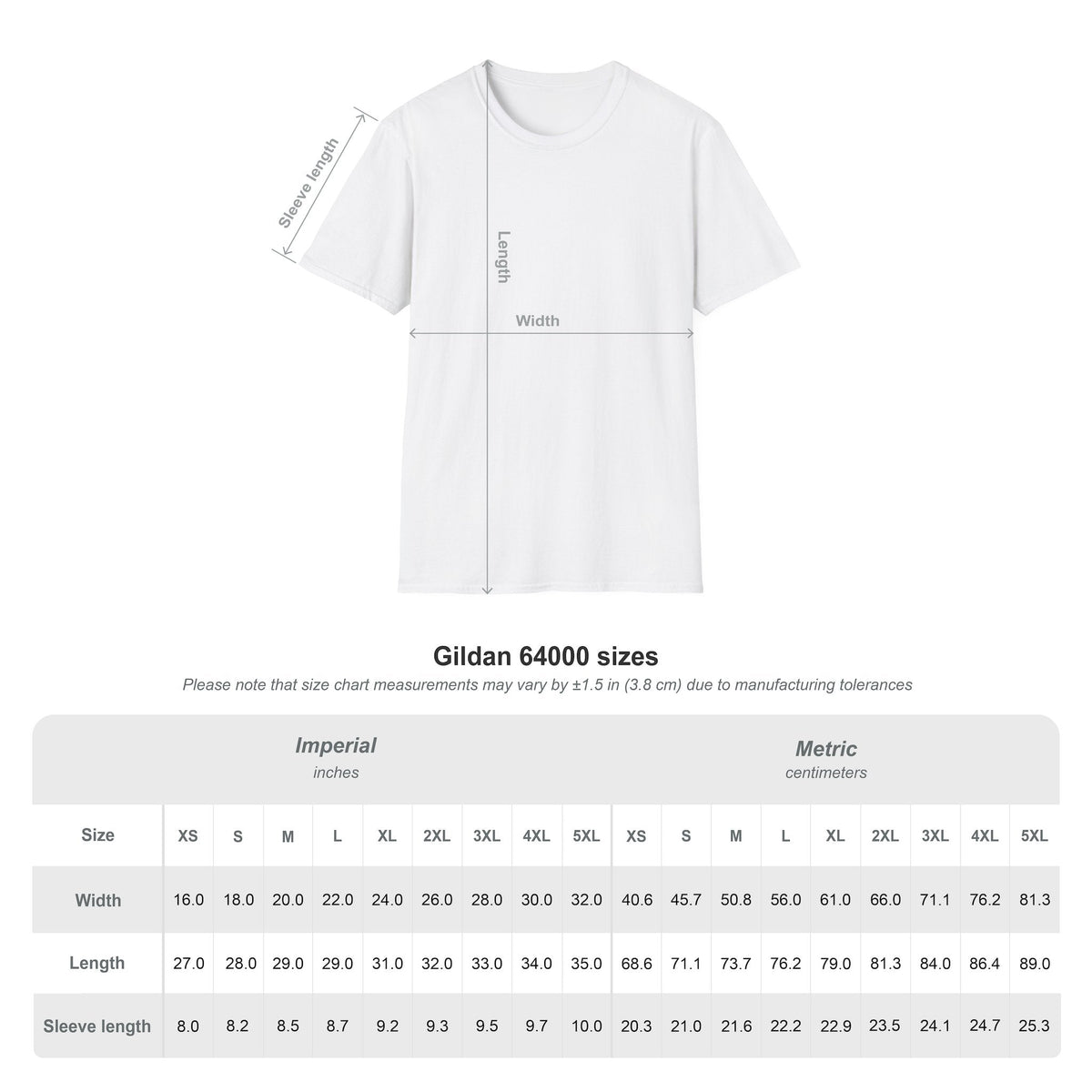 Gildan Softstyle 64000 unisex tee size chart