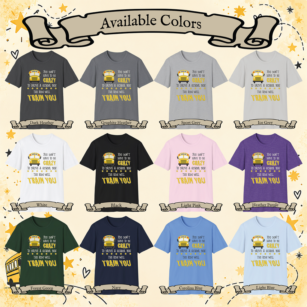 Crazy School Bus T-shirt color chart showing all 12 available shirt colors