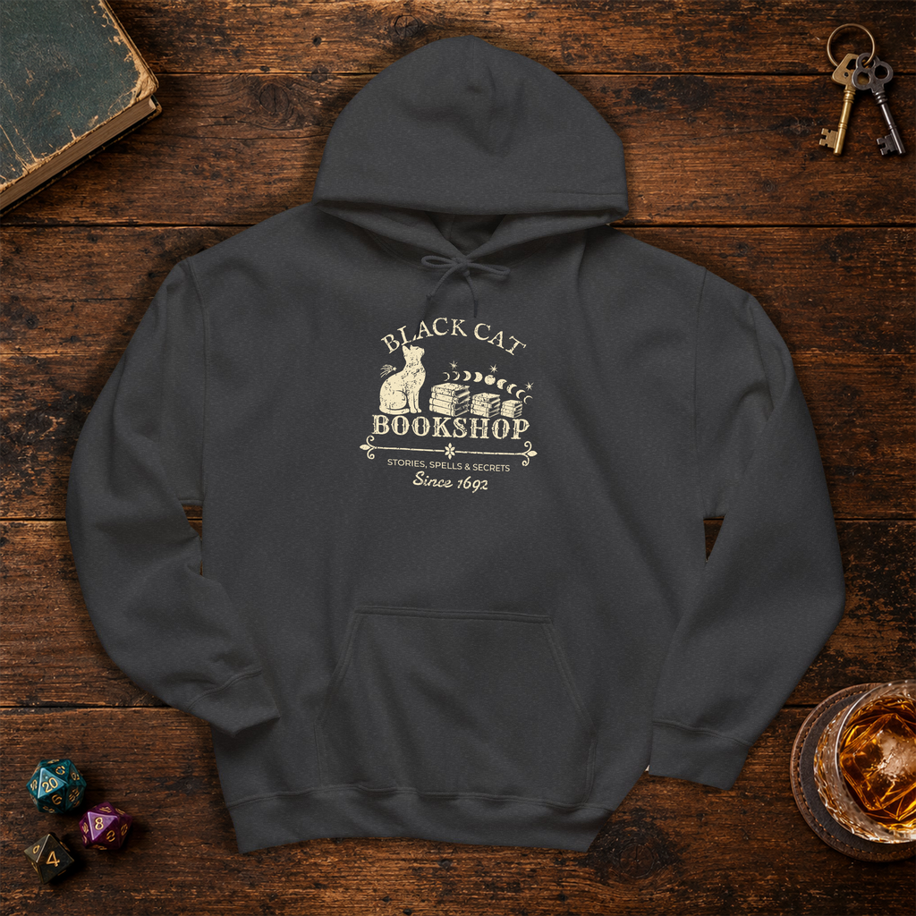 Black Cat Bookshop pullover hoodie in Dark Heather, back lay-flat mockup