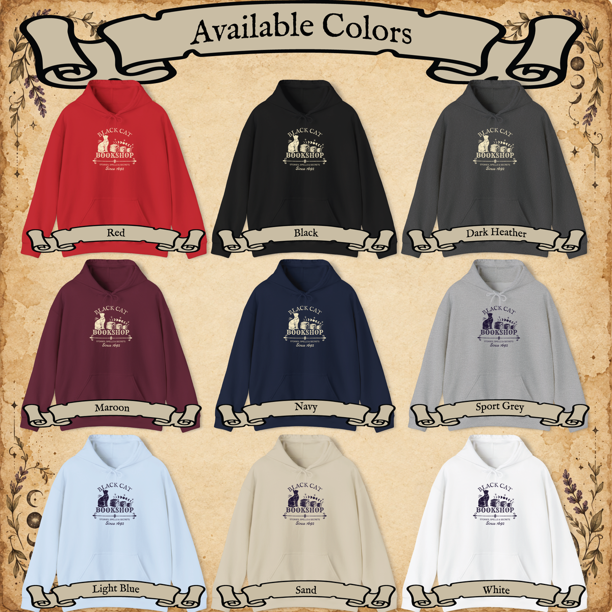 Black Cat Bookshop pullover hoodie available color chart