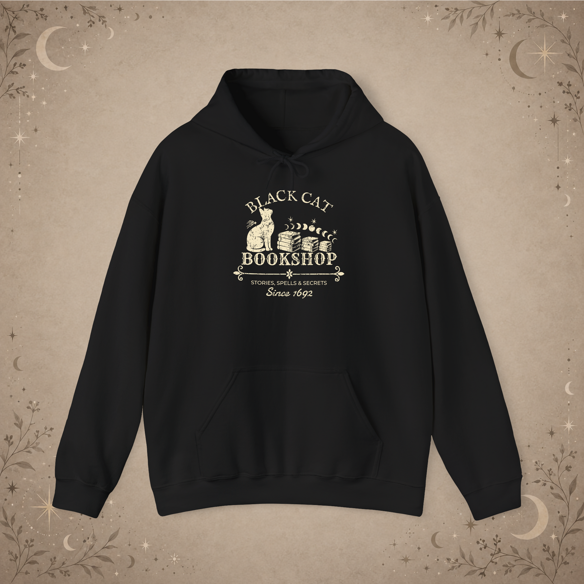 Black Cat Bookshop pullover hoodie in Black, front view