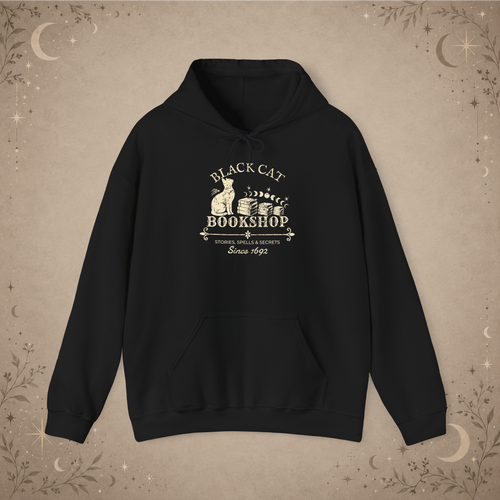 Black Cat Bookshop pullover hoodie in Black, front view